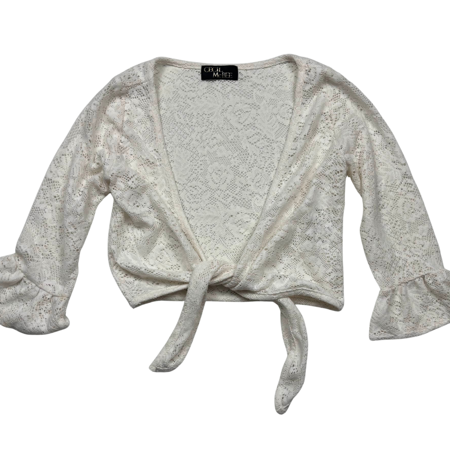Japanese Brand Cecil McBee Off-White Lace Crop Tie Cardigan