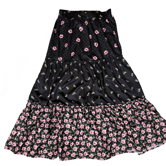 Japanese Brand Titty&Co. Black and Pink Floral Pint Maxi Skirt