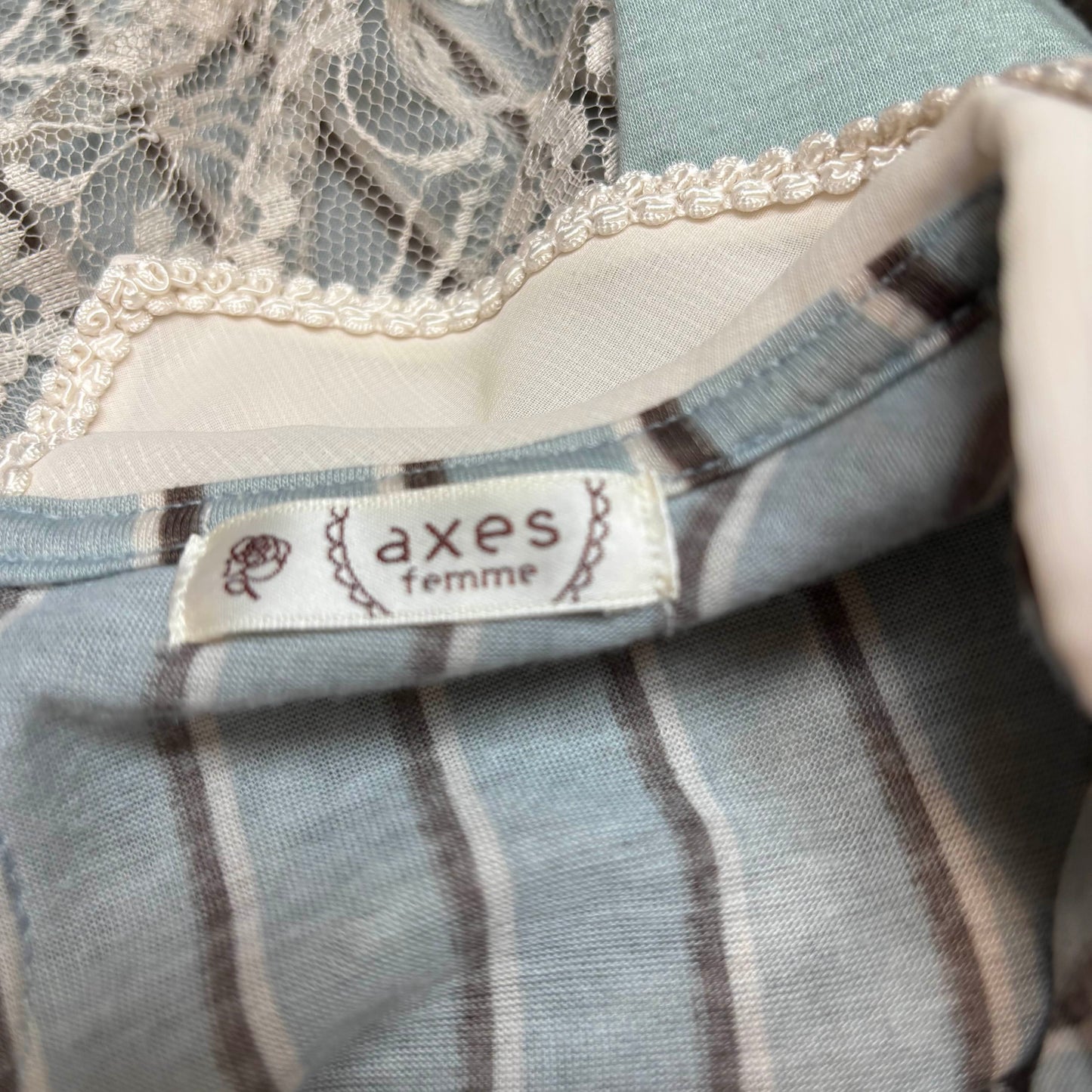 Japanese Brand 'Axes Femme' Teal and Brown Striped Lace Long Sleeve [Secondhand]