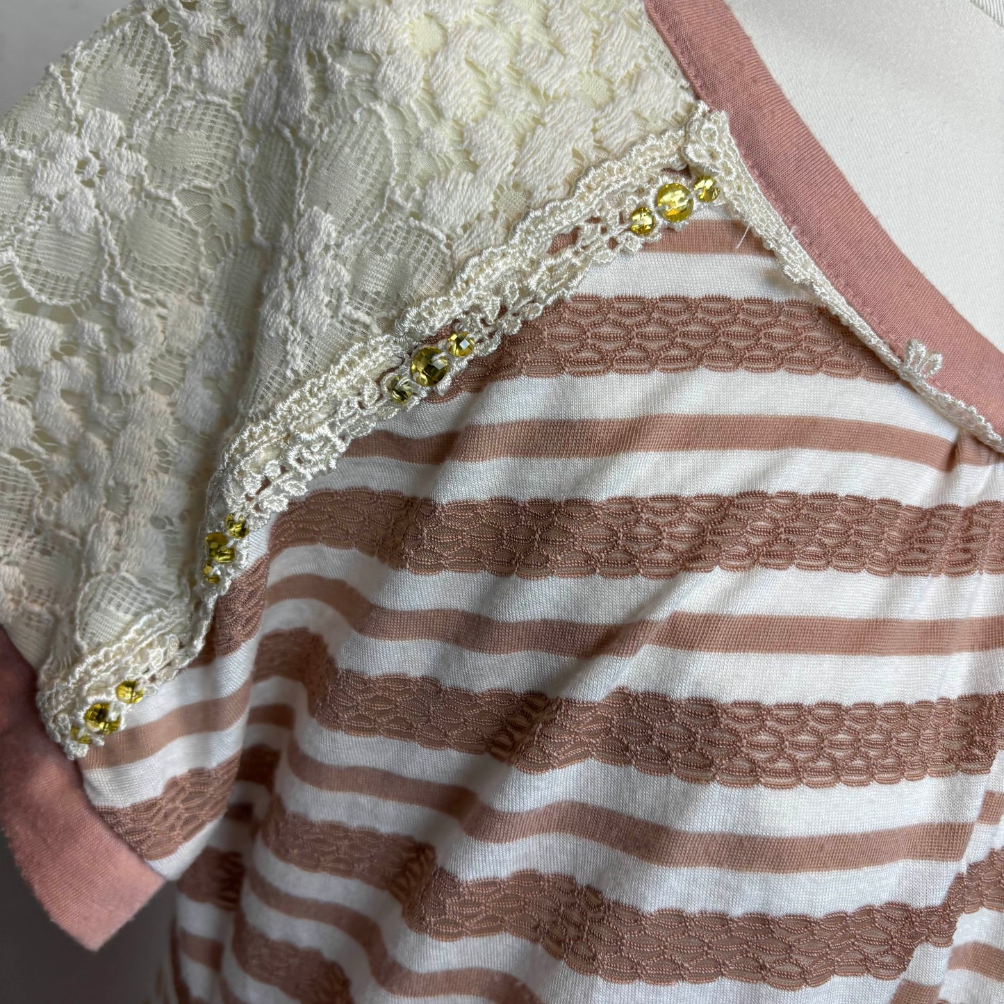 Japanese Brand 'Axes Femme' Dusty Pink Striped Lace Shoulder Top [Secondhand]