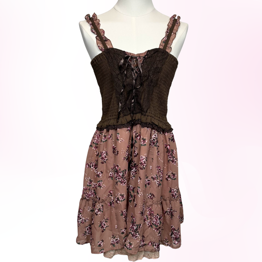 Japanese Brand Axes Femme Dusty Pink & Brown Floral Dress [Secondhand]