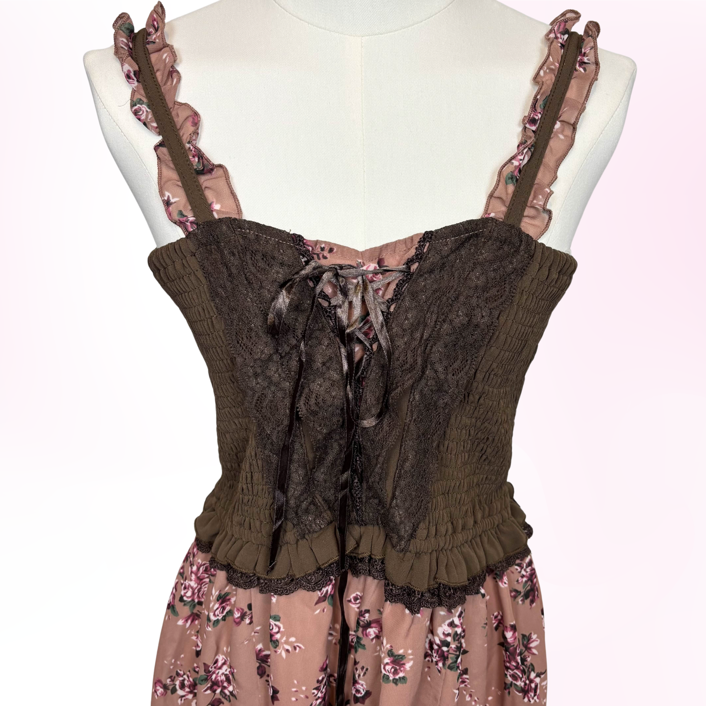 Japanese Brand Axes Femme Dusty Pink & Brown Floral Dress [Secondhand]