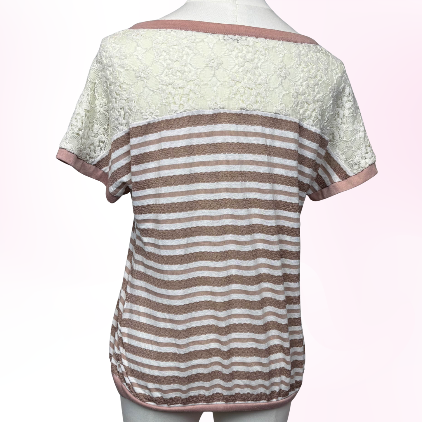 Japanese Brand 'Axes Femme' Dusty Pink Striped Lace Shoulder Top [Secondhand]