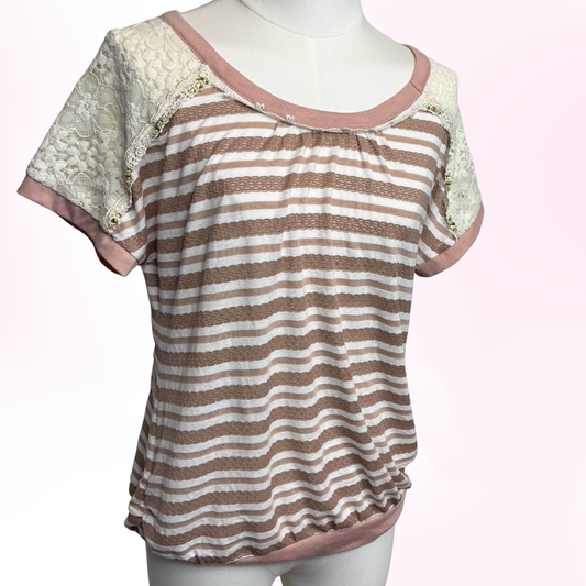 Japanese Brand 'Axes Femme' Dusty Pink Striped Lace Shoulder Top [Secondhand]