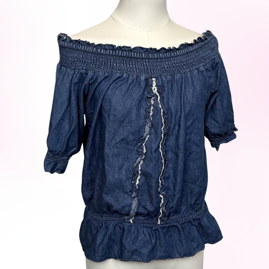 Japanese Brand 'Axes Femme' Dark Blue Denim Style Off the Shoulder Top [Secondhand]