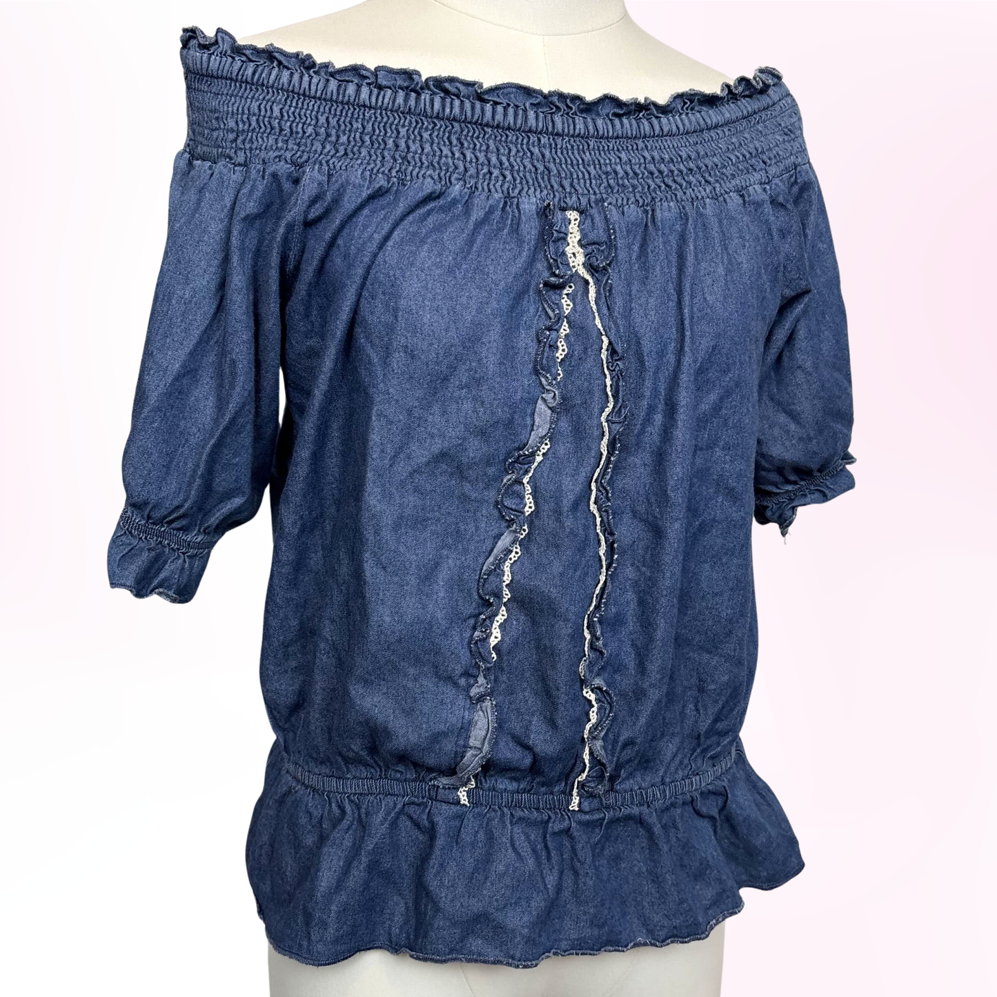 Japanese Brand 'Axes Femme' Dark Blue Denim Style Off the Shoulder Top [Secondhand]