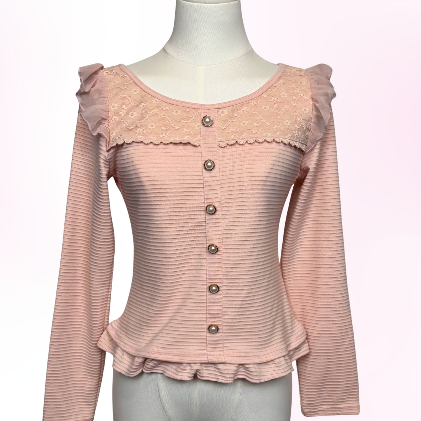 Japanese Brand Lizmelo Peachy Pink Ruffle Long Sleeve Top [Secondhand]