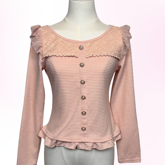 Japanese Brand Lizmelo Peachy Pink Ruffle Long Sleeve Top [Secondhand]