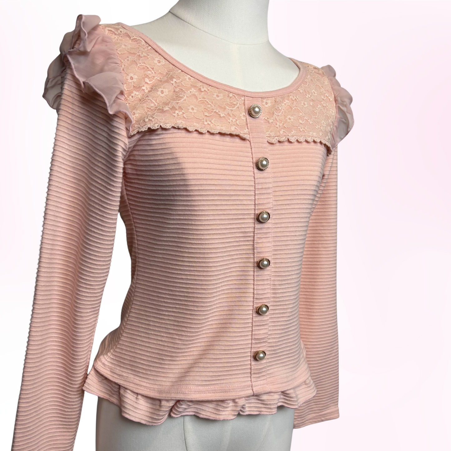 Japanese Brand Lizmelo Peachy Pink Ruffle Long Sleeve Top [Secondhand]
