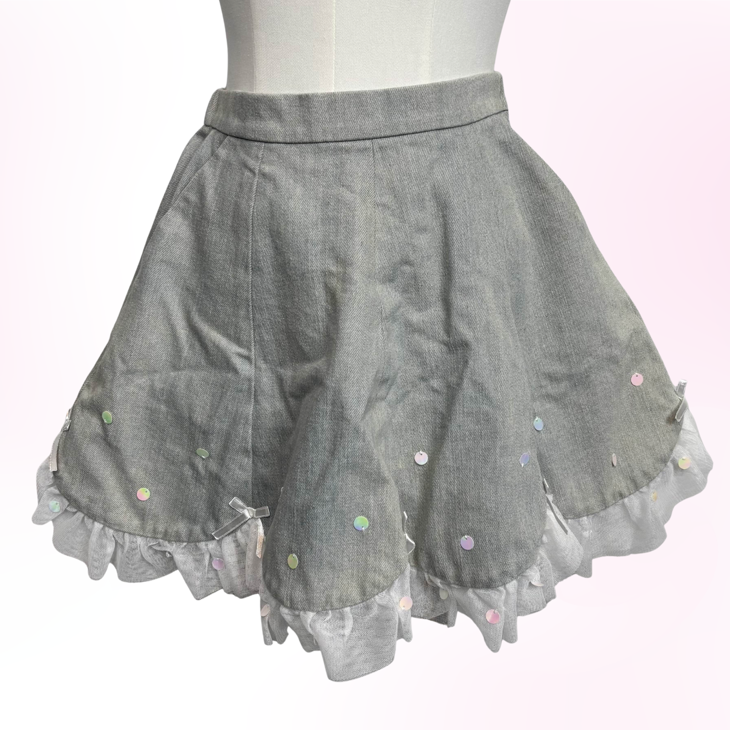 Japanese Brand Swankiss Greyish Blue Denim Frill and Confetti Skirt [Secondhand]