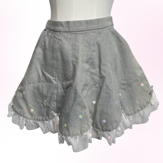 Japanese Brand Swankiss Greyish Blue Denim Frill and Confetti Skirt [Secondhand]