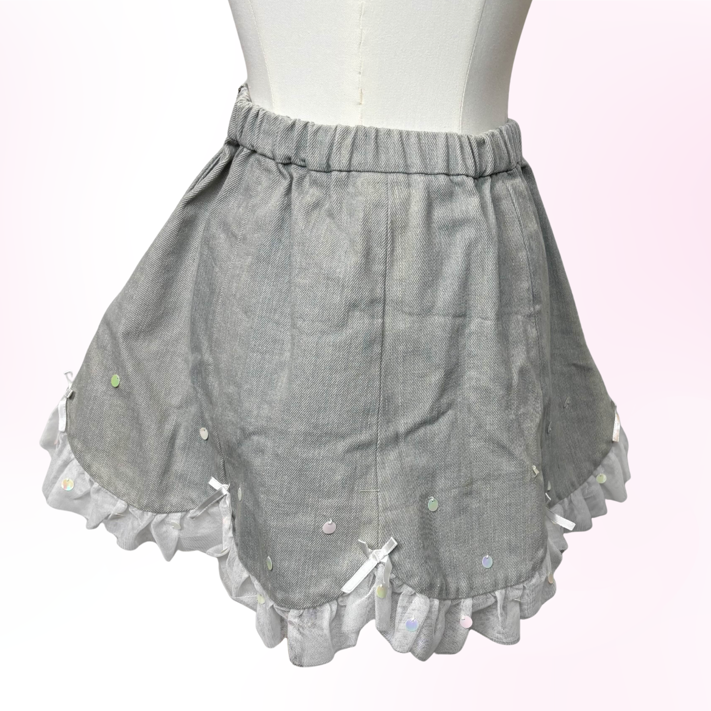 Japanese Brand Swankiss Greyish Blue Denim Frill and Confetti Skirt [Secondhand]