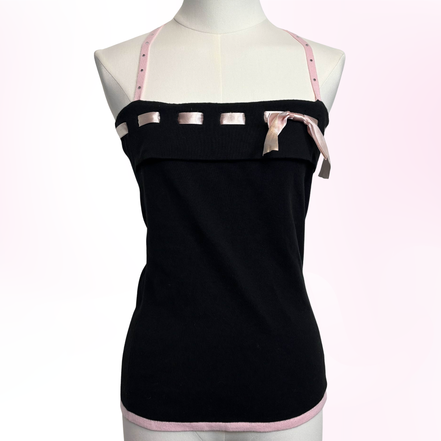 Japanese Brand 'Healthy Karen' Black and Pink Rhinestone Strap Knit Camisole [Secondhand]