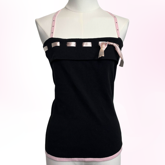 Japanese Brand 'Healthy Karen' Black and Pink Rhinestone Strap Knit Camisole [Secondhand]