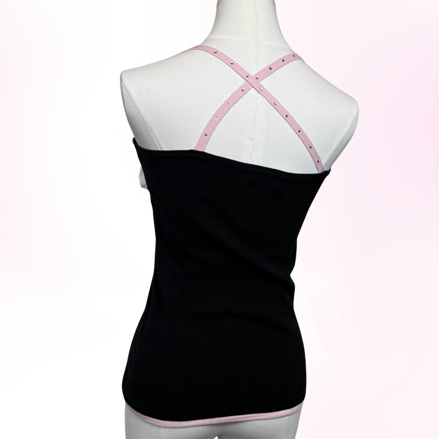 Japanese Brand 'Healthy Karen' Black and Pink Rhinestone Strap Knit Camisole [Secondhand]
