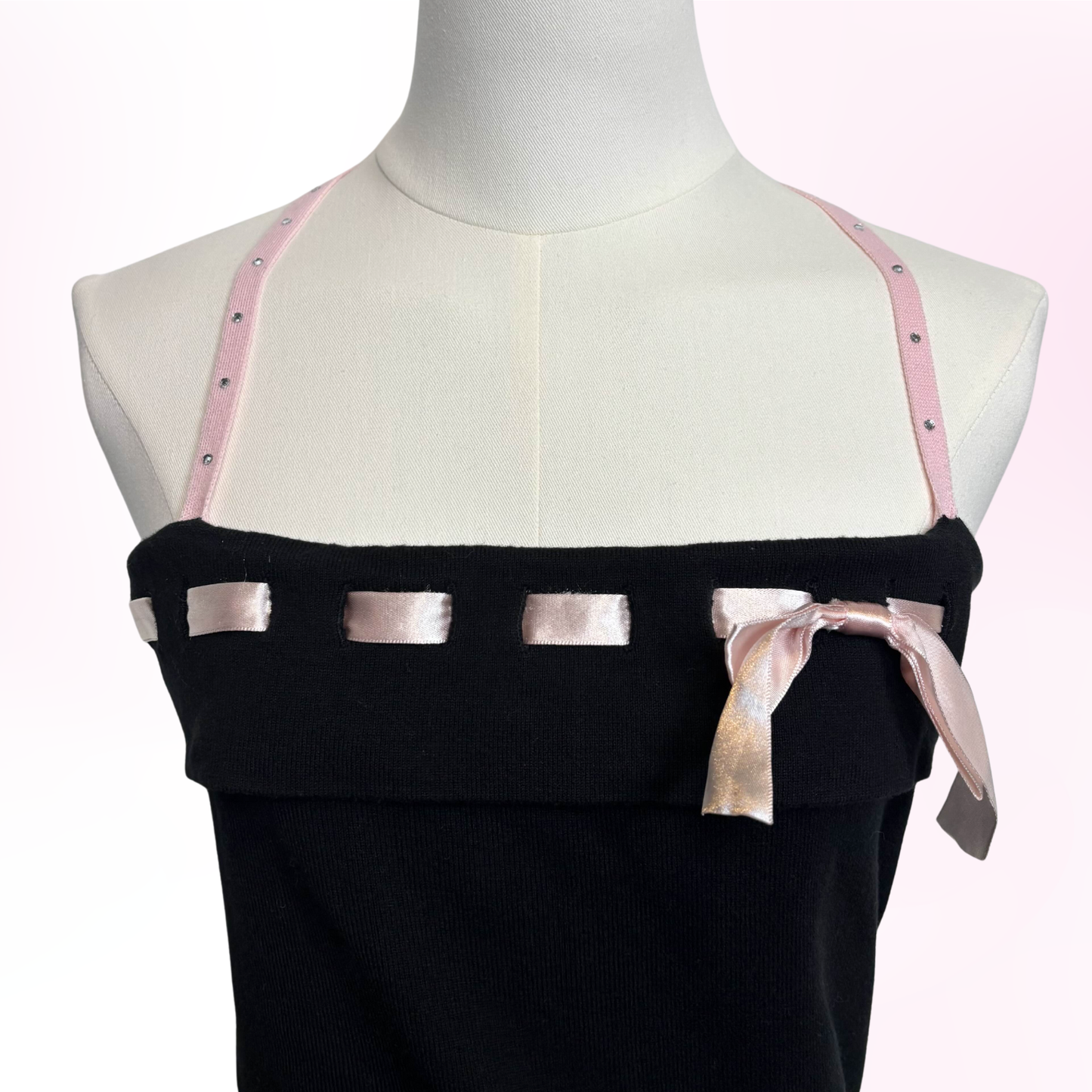 Japanese Brand 'Healthy Karen' Black and Pink Rhinestone Strap Knit Camisole [Secondhand]