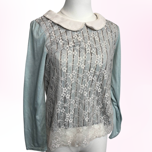 Japanese Brand 'Axes Femme' Teal and Brown Striped Lace Long Sleeve [Secondhand]