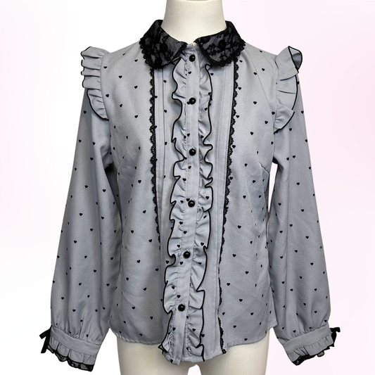 Japanese Brand 'Dear My Love' Greyish Blue Heart Print Long Sleeve Blouse [Secondhand]