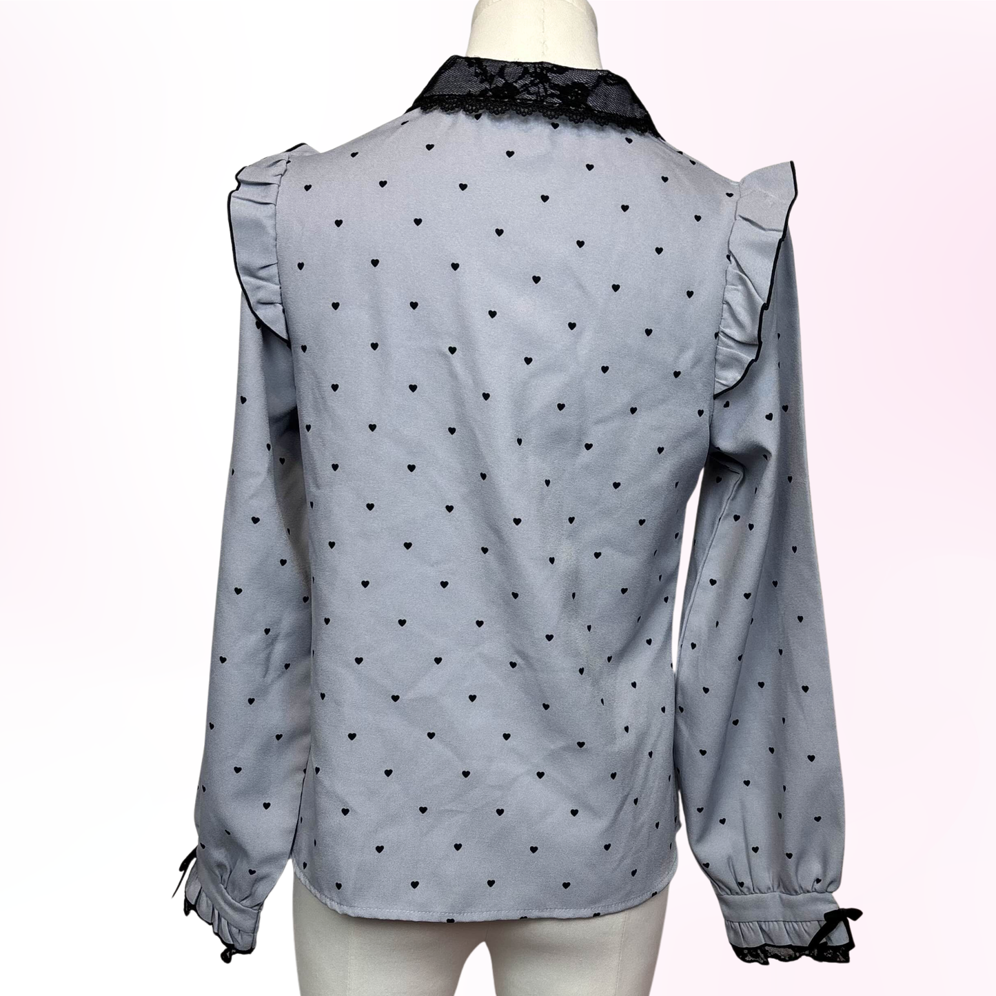 Japanese Brand 'Dear My Love' Greyish Blue Heart Print Long Sleeve Blouse [Secondhand]