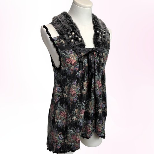 Japanese Brand 'Axes Femme' Dark Floral Fur Collar Tank Top [Secondhand]