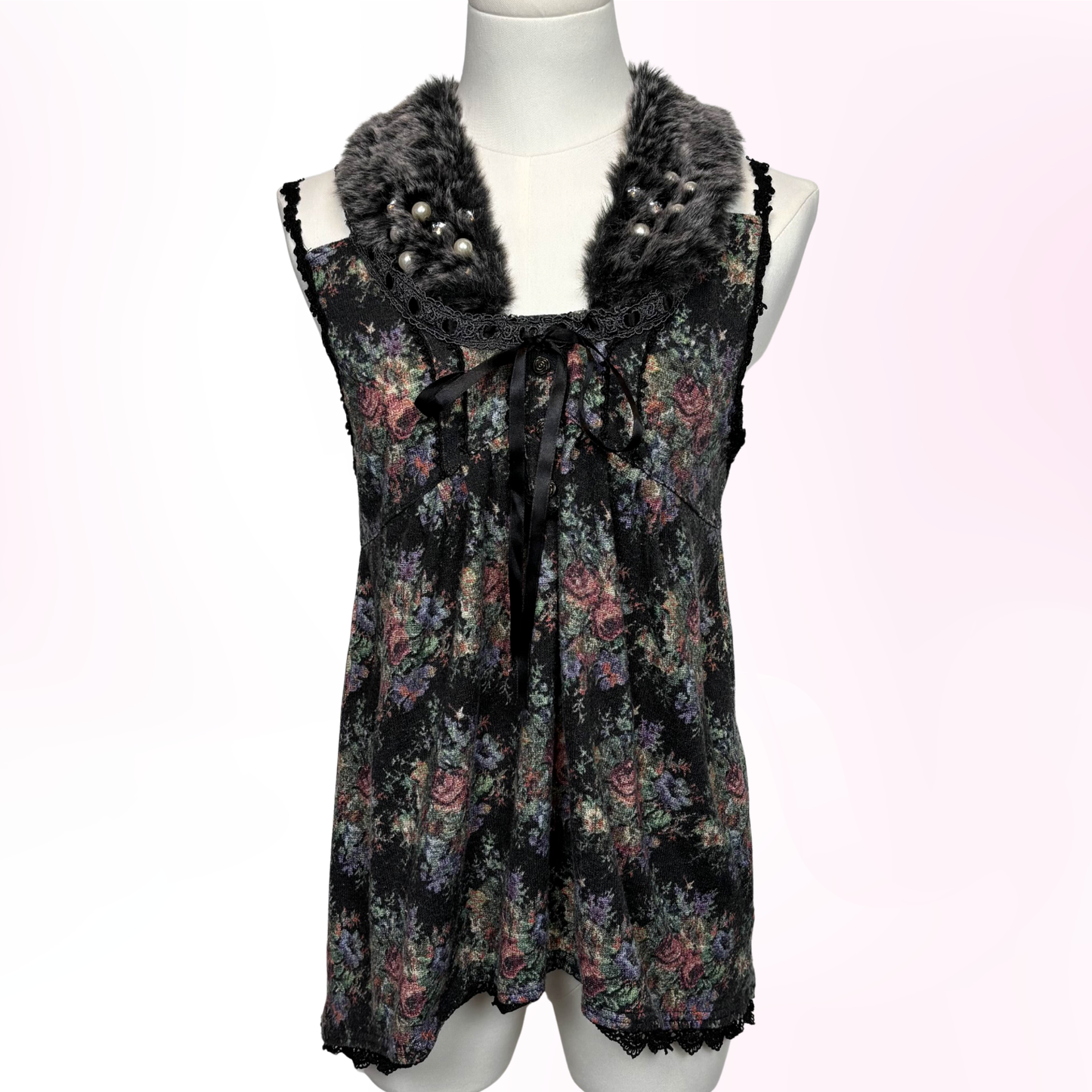 Japanese Brand 'Axes Femme' Dark Floral Fur Collar Tank Top [Secondhand]