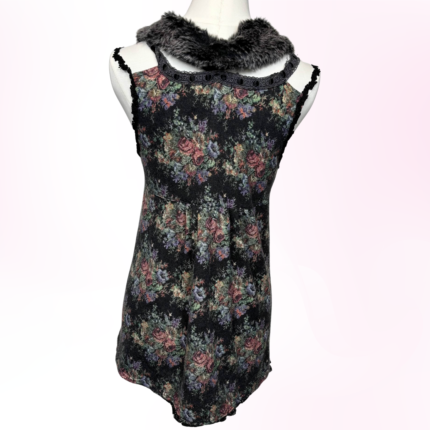 Japanese Brand 'Axes Femme' Dark Floral Fur Collar Tank Top [Secondhand]
