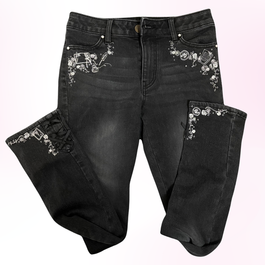 Japanese Brand 'Axes Femme' Black Dark Wash Embroidered Skinny Jeans [Secondhand]