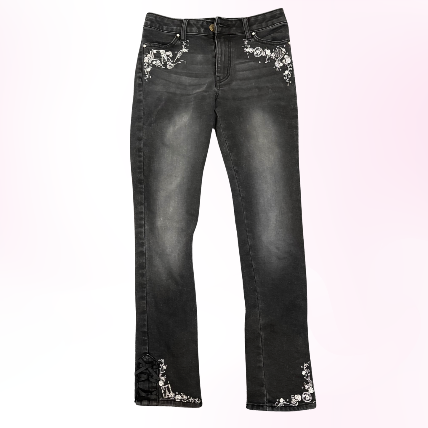Japanese Brand 'Axes Femme' Black Dark Wash Embroidered Skinny Jeans [Secondhand]