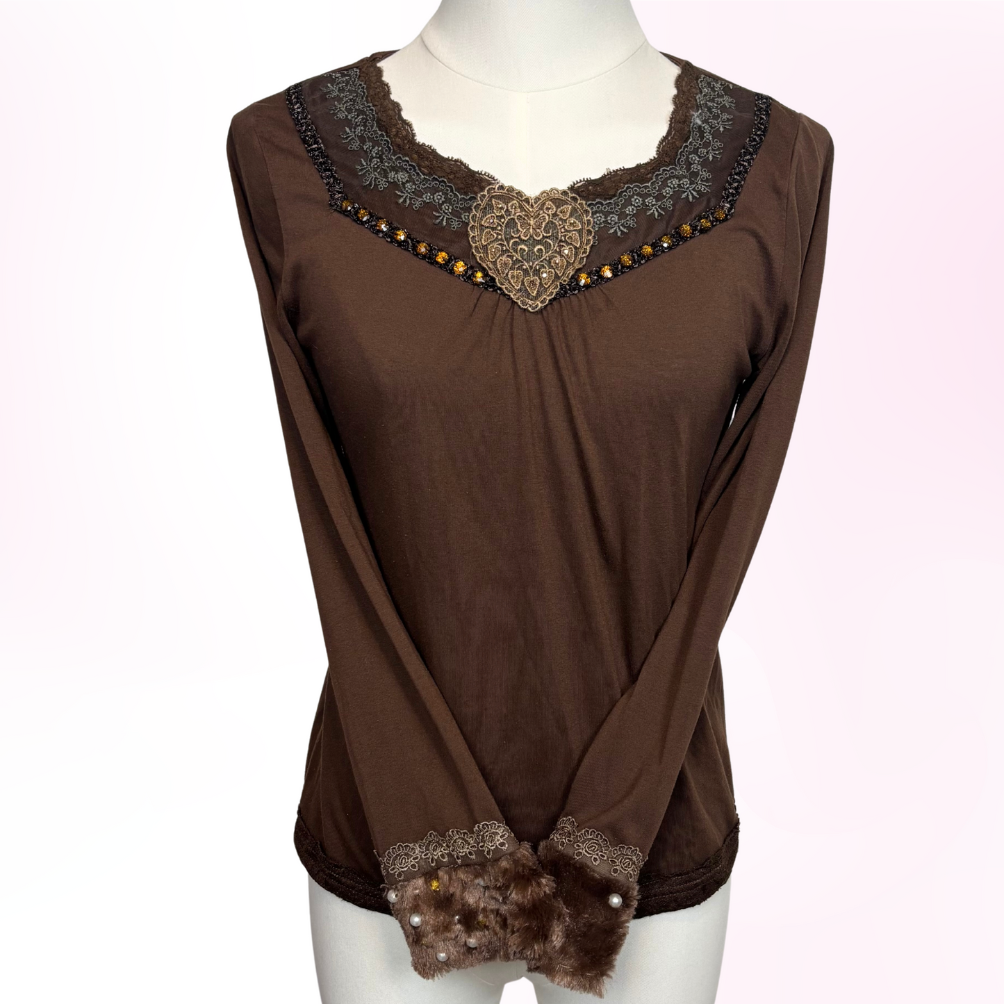 ❥ Japanese Brand 'Axes Femme' Brown Long Sleeve Fur Beaded Shirt [Secondhand]