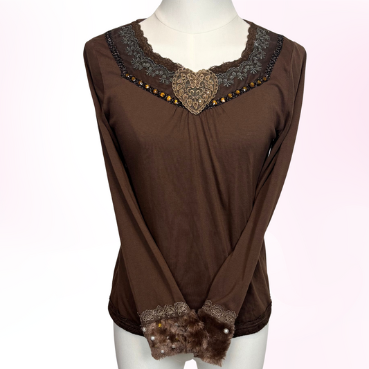 ❥ Japanese Brand 'Axes Femme' Brown Long Sleeve Fur Beaded Shirt [Secondhand]