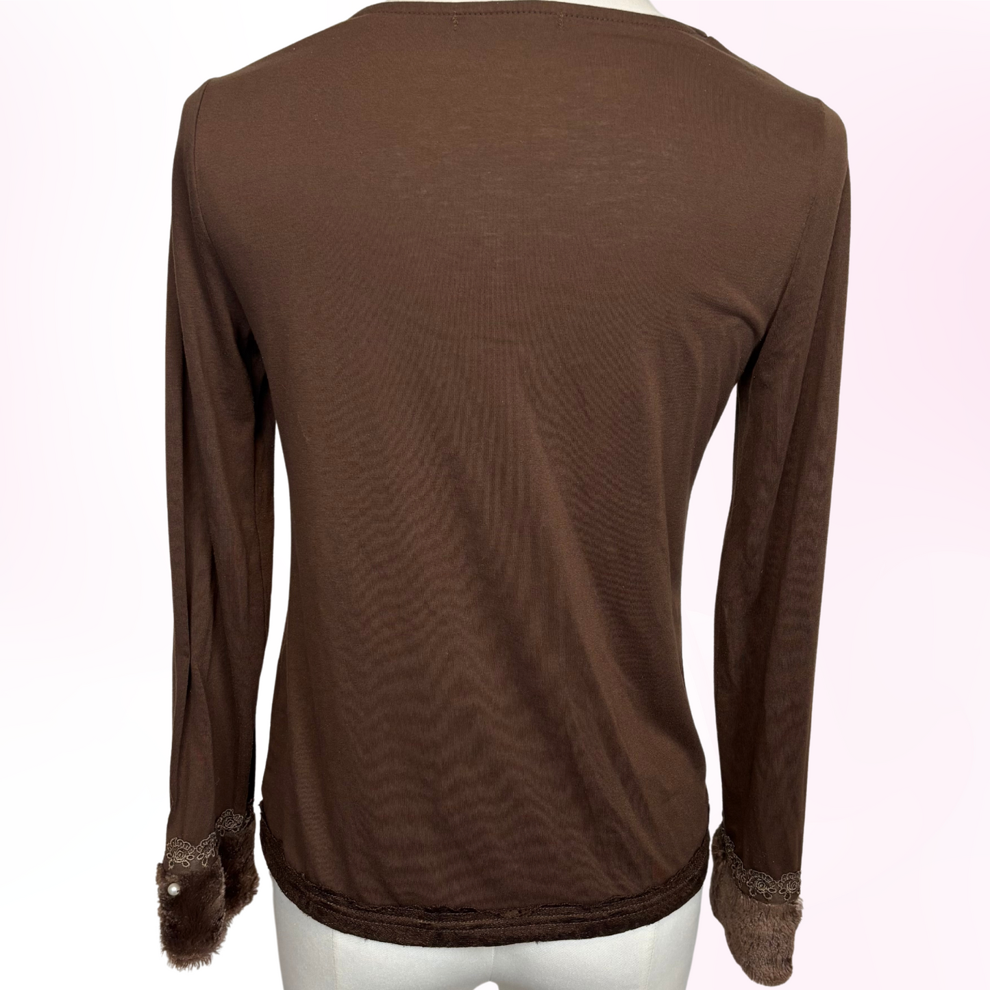 ❥ Japanese Brand 'Axes Femme' Brown Long Sleeve Fur Beaded Shirt [Secondhand]