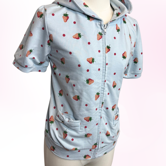 Japanese Brand 'Loosy Lou' Light Blue Strawberry Short Sleeve Hoodie [Secondhand]