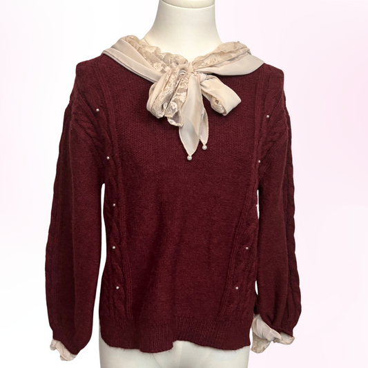 Japanese Brand 'Axes Femme' Dark Red Lace Tie Sweater [Secondhand]