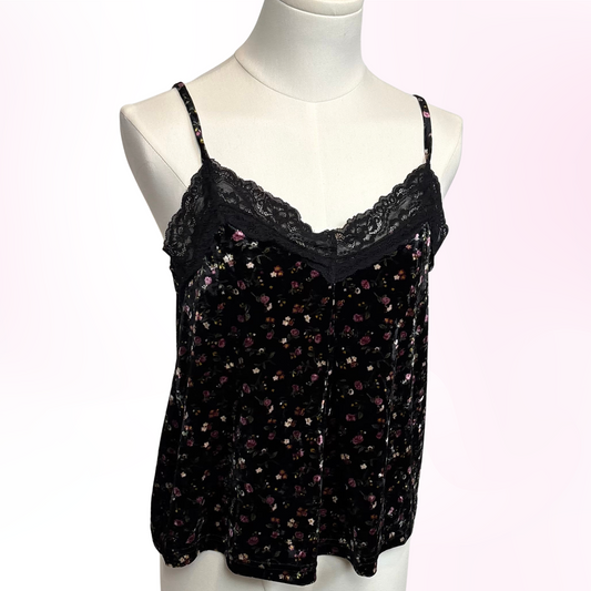 Japanese Brand 'Colza' Black Velvet Floral Print Tank Top [Secondhand]
